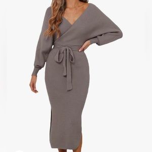 NWT Women's V Neck Long Sleeve Wrap Midi Knit Sweater Dress Backless w/Belt Slit